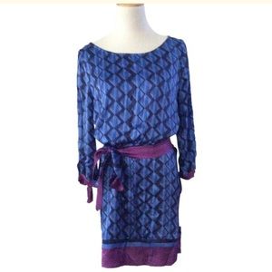 Blue and Purple W Silk Shift Dress W/ Belt Sz M